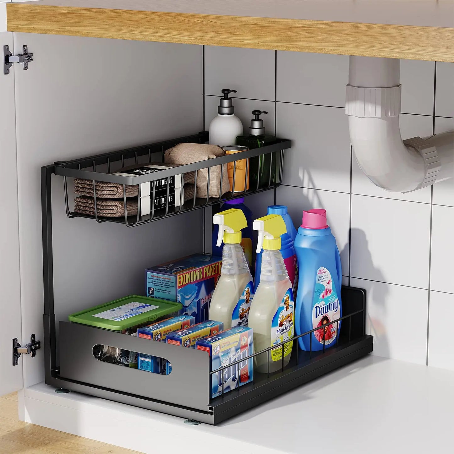 Under Sink 2-Tier Sliding Cabinet Organizer — Pull-Out Basket Drawer for Bathroom & Kitchen Storage