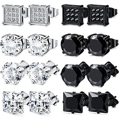 Unisex Stainless Steel Cubic Zirconia Stud Earrings Set (1–8 Pairs) – 6mm Minimalist Ear Piercing Jewelry for Men & Women