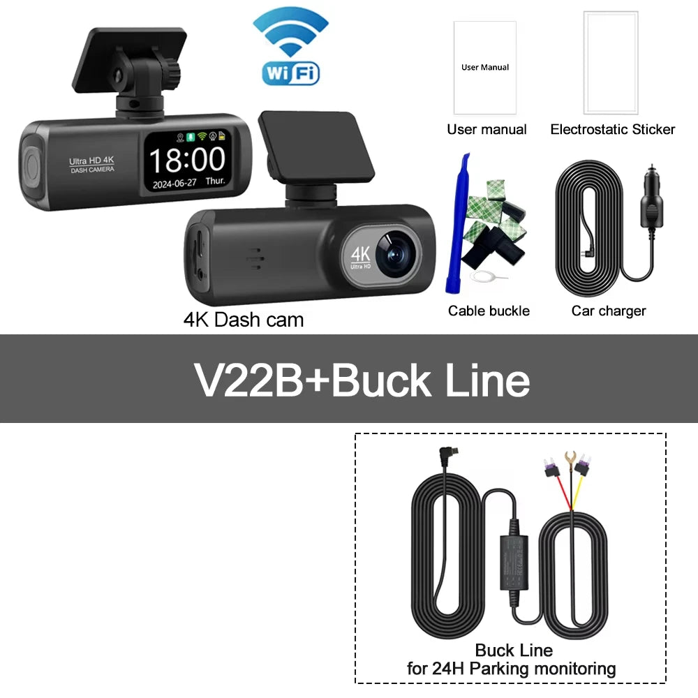 UHD 4K Dash Cam Dual Lens – 1080P Rear Lens, Built-in WiFi, GPS, 24-Hour Parking Monitoring Car DVR