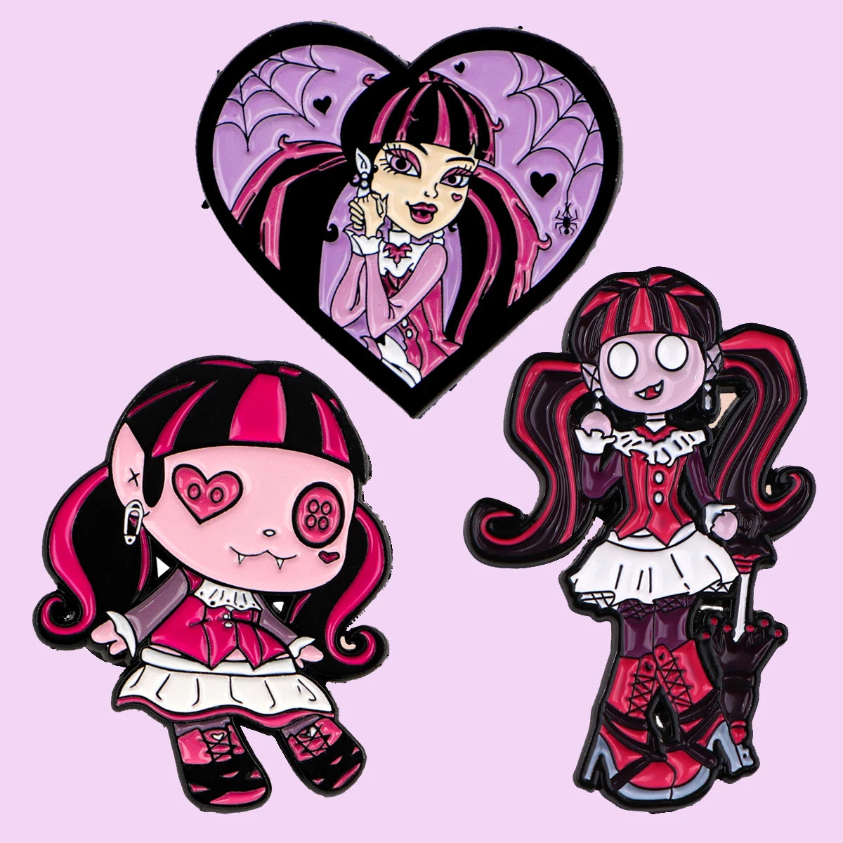 3-Piece Manga Girl Enamel Pin Set - Pink and Purple Metal Brooches for Backpacks, Collars, Lapels, and Collectors’ Gifts