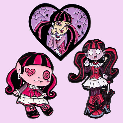 3-Piece Manga Girl Enamel Pin Set - Pink and Purple Metal Brooches for Backpacks, Collars, Lapels, and Collectors’ Gifts