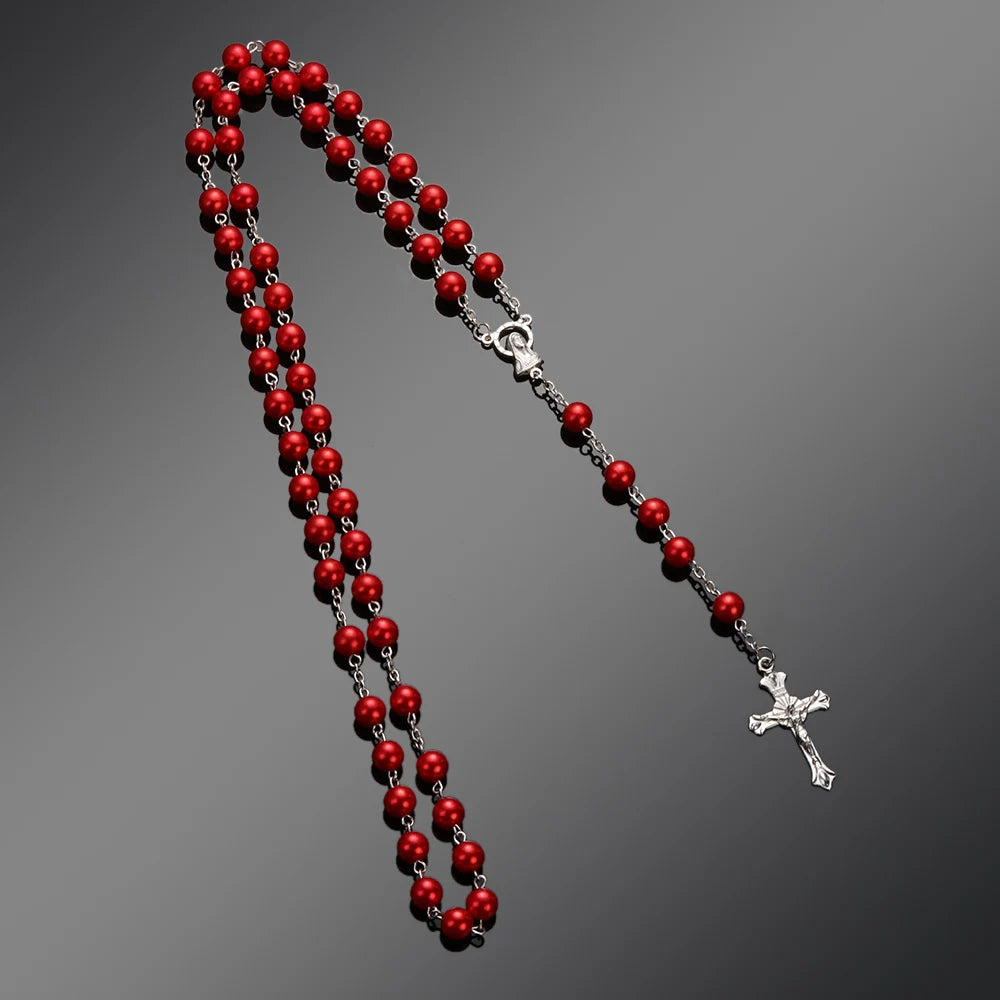 Rosary Beads Cross Necklace – Catholic Virgin Mary Pendant Chain Religious Jewelry Gift for Men & Women Prayer Charm