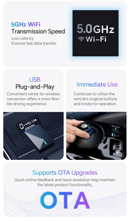 2025 Wireless Android Auto Adapter — Wired to Wireless CarPlay Smart Box with USB Plug & Play, WiFi Auto Connection & Online Upgrade