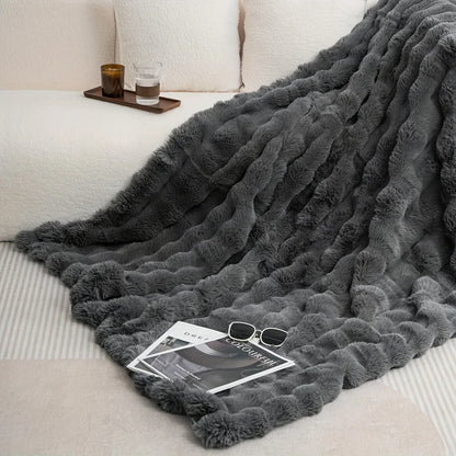 Cozy Faux Rabbit Fleece Throw Blanket – Soft Warm Plush 1pc Bed Sofa Blanket for Bedroom, Living Room & Dormitory Use