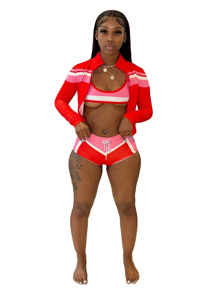2025 Trending Women’s Summer 3-Piece Tracksuit – Color Block Sports Bra, Jacket & Shorts Gym Workout Set