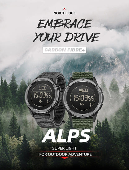NORTH EDGE ALPS 45MM Men's Outdoor Sports Watch Waterproof Compass Metronome Carbon Fiber Case Nylon Strap