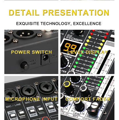 TKLBLS Professional 6 Channel Audio Mixer – 99 DSP Effects, 48V Phantom Power, USB, Bluetooth DJ Console for Studio & Karaoke