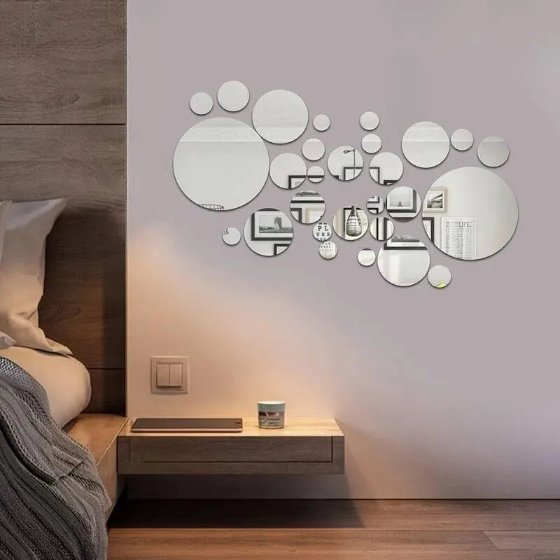 26-Piece 3D Acrylic Mirror Wall Stickers - Round DIY Decorative Tiles for Bedroom, Bathroom & TV Background Decor