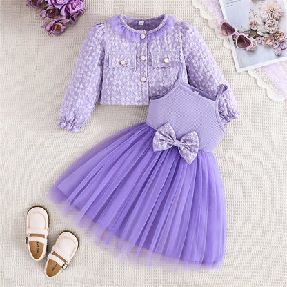 Girls' Summer & Fall 2-Piece Set – Tulle Patchwork Slip Dress with Flower Jacket, Casual Outfit for Ages 2-8Y