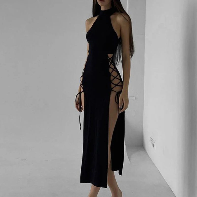 Gothic Dark Cosplay Dress – High Split Y2K Bandage Halter Slim Midi Black Grunge Partywear