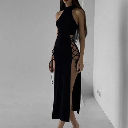 Gothic Dark Cosplay Dress – High Split Y2K Bandage Halter Slim Midi Black Grunge Partywear
