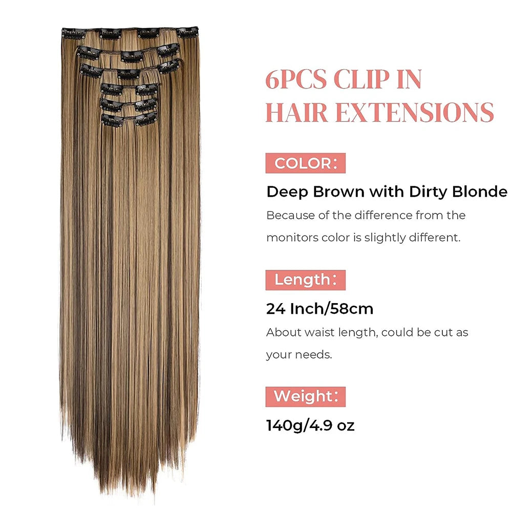 Black Hair Extensions: 24"/60cm, 140g, 6pcs/set Long Straight Synthetic - Full Head Clip, 16 Clips, Ombre, Heat Resistant Fiber for Women