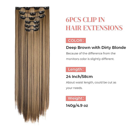 Black Hair Extensions: 24"/60cm 140g 6pcs/set Women's Long Straight Synthetic Full Head Clip - 16 Clips, Ombre, Heat-Resistant Fiber