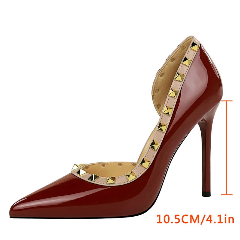 BIGTREE Women’s Rivet Patent Leather Pumps – 10.5cm Stiletto High Heels, Sexy Party Shoes, Large Size 43
