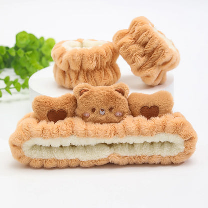 3PCS Cat Ear Plush Headband Set - Soft Face Washing Headband with Wrist Straps for Girls