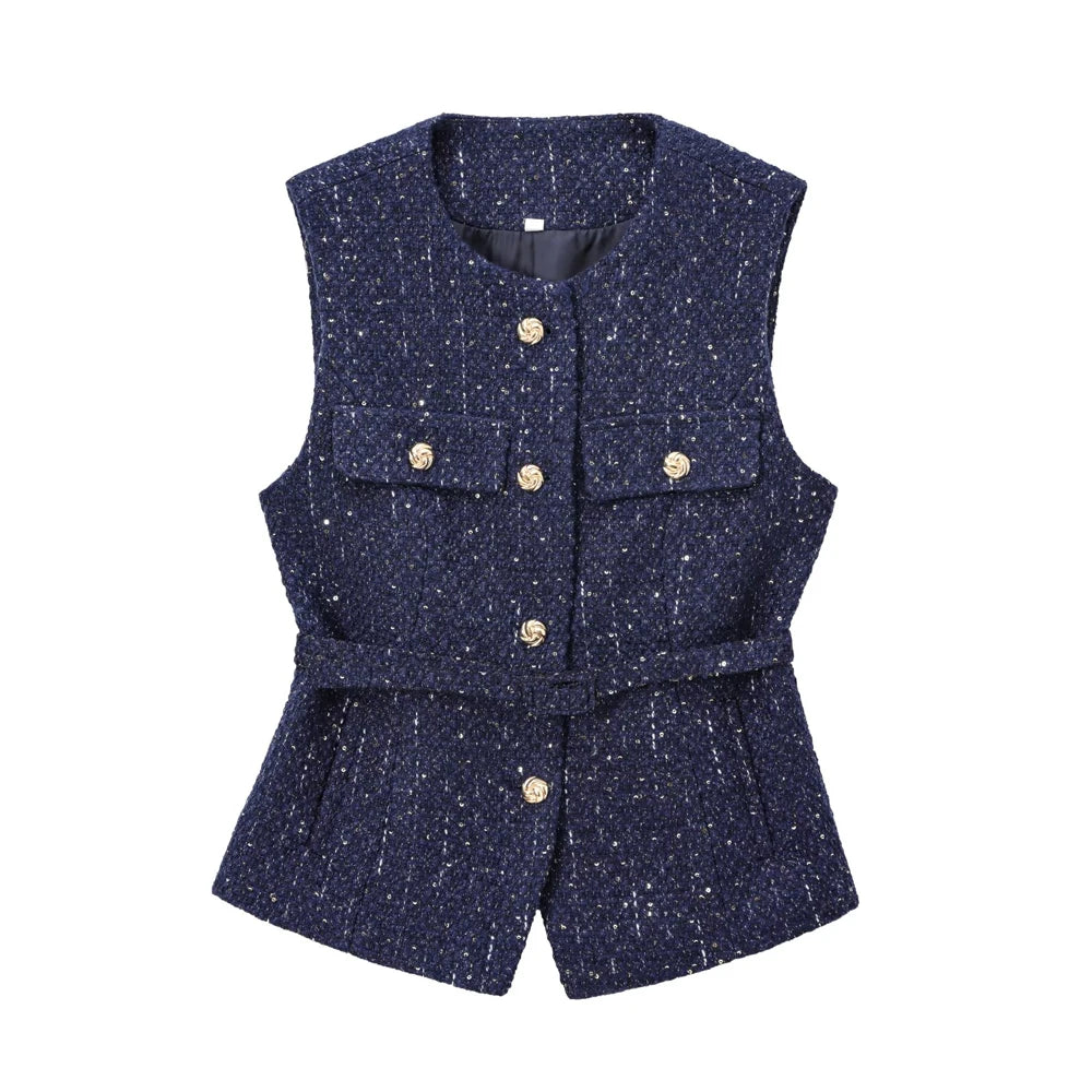 TRZA Women’s Tweed Waistcoat — Sleeveless O-Neck Top with Belt & Front Buttons, Chic Fashion Outerwear