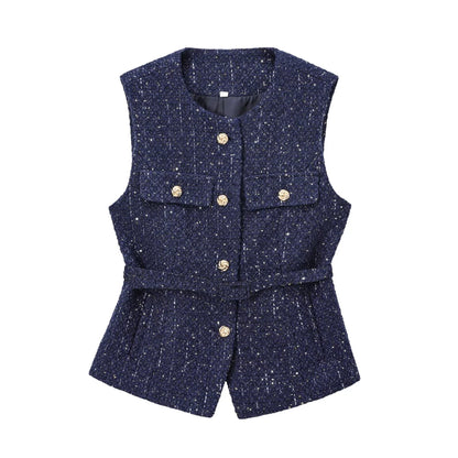 TRZA Women’s Tweed Waistcoat — Sleeveless O-Neck Top with Belt & Front Buttons, Chic Fashion Outerwear