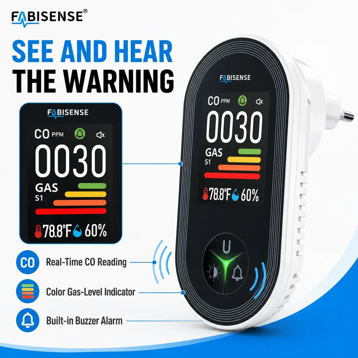FABISENSE 4-in-1 Carbon Monoxide & Gas Detector - Plug-In CO Alarm with Gas Analyzer, Temperature & Humidity Display