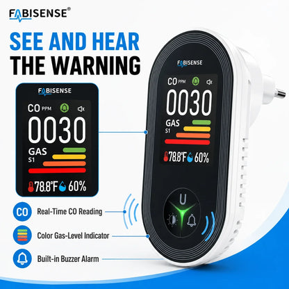 FABISENSE 4-in-1 Carbon Monoxide & Gas Detector - Plug-In CO Alarm with Gas Analyzer, Temperature & Humidity Display
