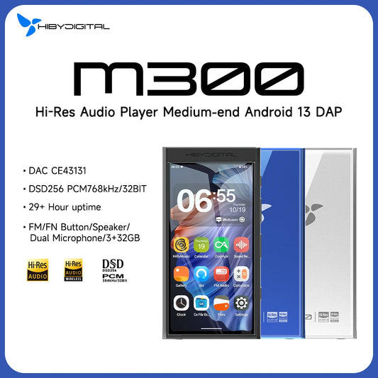 HiBy Digital M300 Android 13 Music Player - MP3, HiFi Audio, Bluetooth, WiFi, USB DAC, DSD, FM Radio, Dual Mic, Built-in Speaker, 29hr Battery