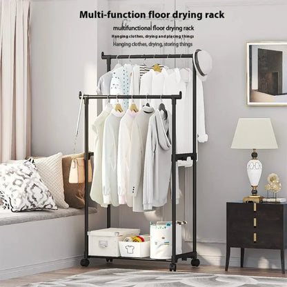 Adjustable Double Rod Telescopic Coat Rack | Floor-Standing Movable Clothes Hanger for Bedroom