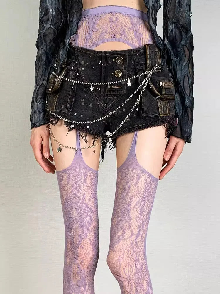 Lolita Floral Thigh High Tights - Colorful Sheer Fishnet Suspender Stockings for Girls & Women