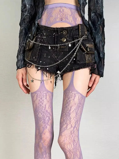 Lolita Floral Thigh High Tights - Colorful Sheer Fishnet Suspender Stockings for Girls & Women