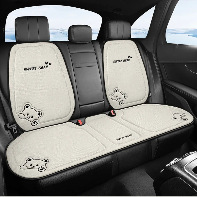 Universal Cartoon Bear Linen Car Seat Cushion - Cute, Breathable, Anti-Slip Seat Protector for Women and Everyday Driving
