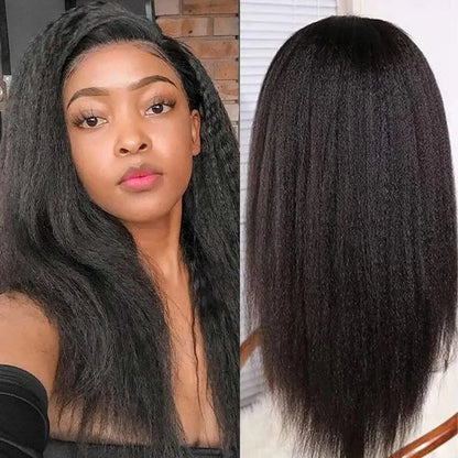Kinky Straight 13x4 Lace Front Wig – Brazilian Human Hair, Bone Colored Yaki Straight, Transparent Lace Frontal Wig for Women