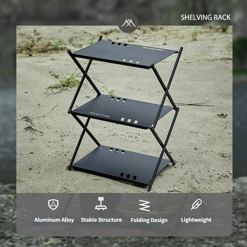 MOUNTAINHIKER Three-Tier Folding Rack – Portable Outdoor Storage Shelf for Camping, Picnic, BBQ & Garden Use