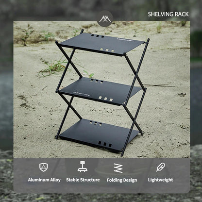 MOUNTAINHIKER Three-Tier Folding Rack – Portable Outdoor Storage Shelf for Camping, Picnic, BBQ & Garden Use