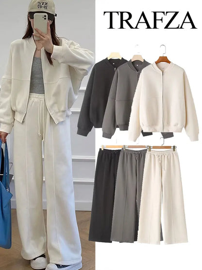 TRAFZA Women’s 2-Piece Retro Set – Solid Zipper Bomber Jacket & High-Waisted Lace-Up Velvet Pants