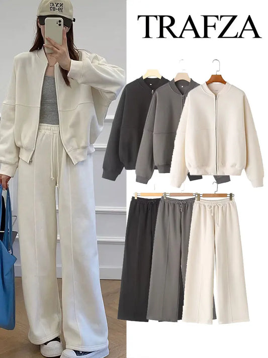TRAFZA Women’s 2-Piece Retro Set – Solid Zipper Bomber Jacket & High-Waisted Lace-Up Velvet Pants
