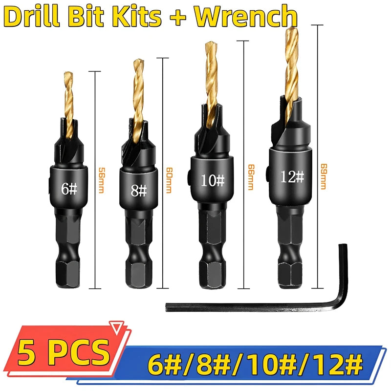 5pcs Countersink Drill Bit Set – Woodworking Pilot Hole Drills for Screw Sizes #5, #6, #8, #10, #12