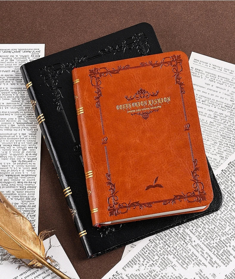 A6/A7 Vintage Hot Gold Printed Notebook – Cute Compact PU Leather Pocket Diary, Hard Shell School & Office Supplies