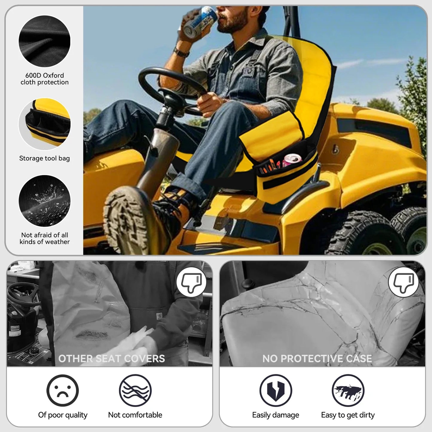 Universal Waterproof Lawn Tractor Seat Cover with Storage Pockets – Heavy Duty Fit for John Deere, Kubota & Cub Cadet Tractors
