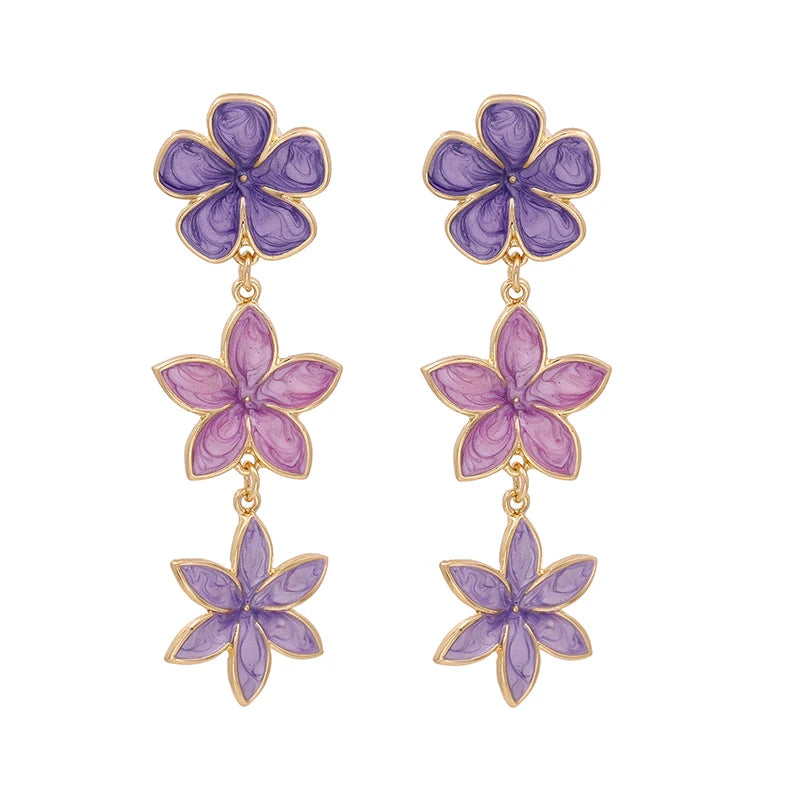 Long Flower Enamel Drop Earrings - Colorful Metal Petal Dangle Party Jewelry for Women