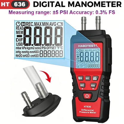 HT636 Digital Manometer - Handheld Differential Air Pressure Gauge with 12 Measurement Units for HVAC Testing