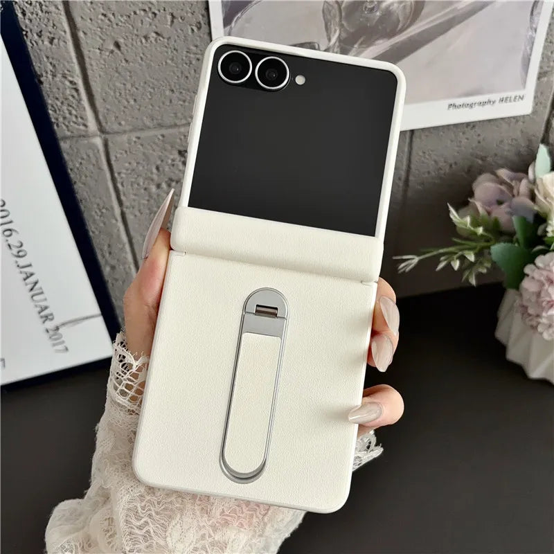 Samsung Galaxy Z Flip 8 Vegan Leather Case - Shockproof Stand Cover with Tempered Glass & Hinge Protection