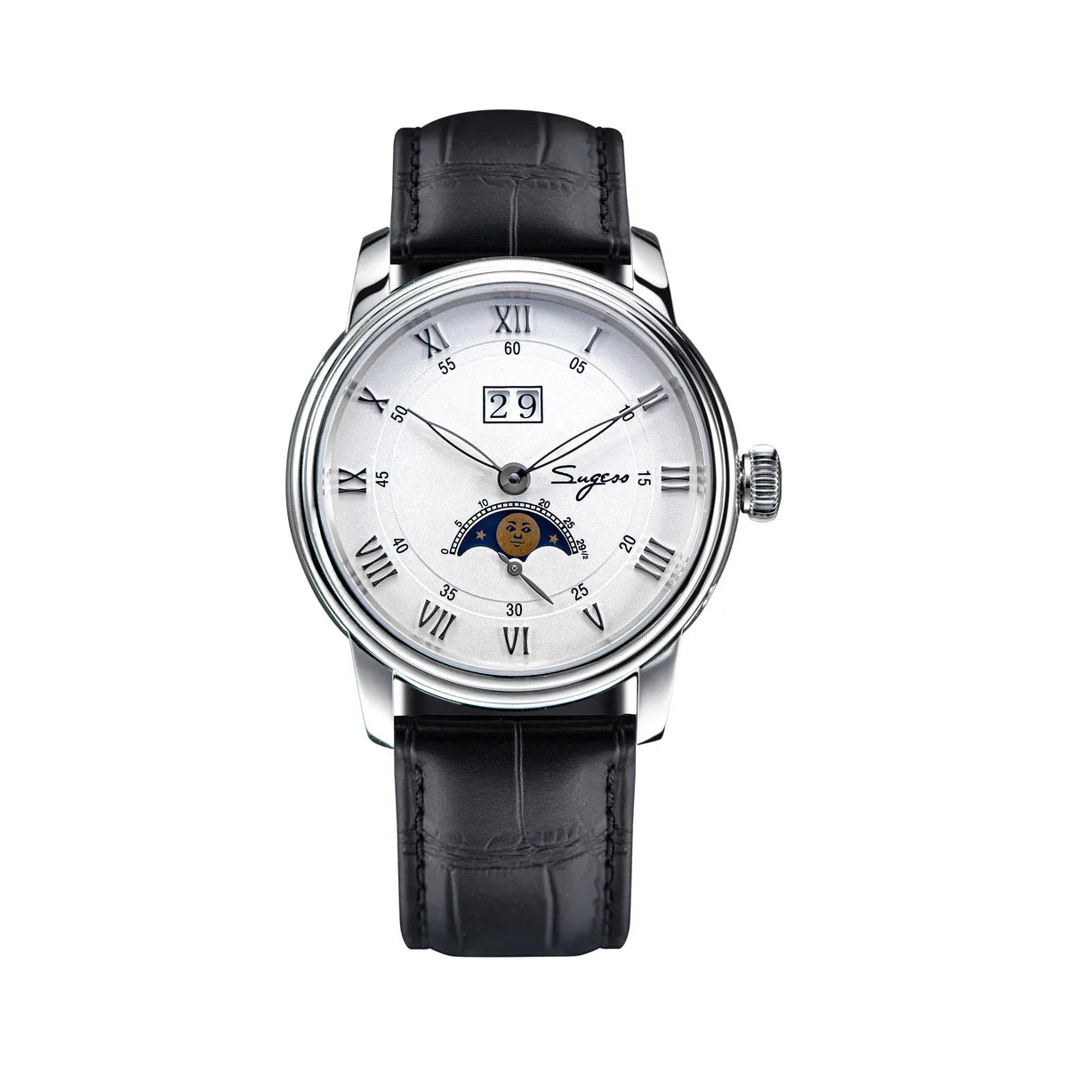 Sugess Moonphase Men’s Automatic Mechanical Watch — 40MM Stainless Steel with Seagull ST2528 Movement and Blue Sandstone Dial