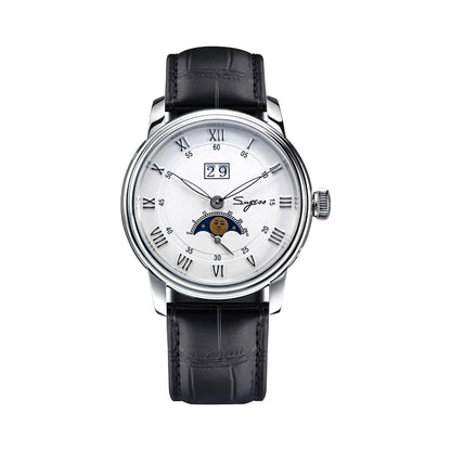 Sugess Moonphase Men’s Automatic Mechanical Watch — 40MM Stainless Steel with Seagull ST2528 Movement and Blue Sandstone Dial