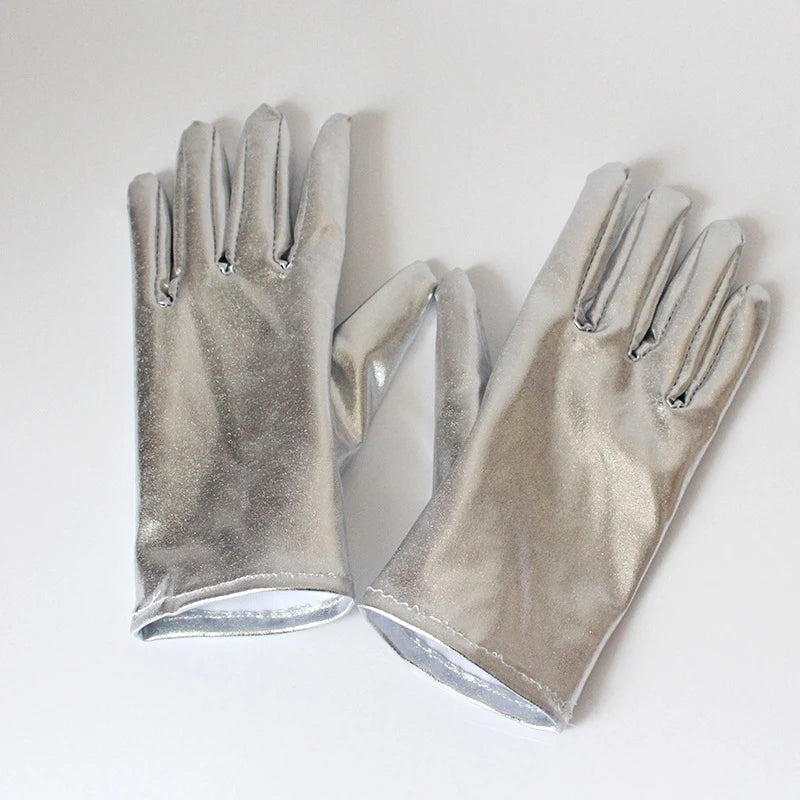 Gold Silver Metallic Faux Leather Short Gloves – Sexy Wet Look Party, Evening & Performance Mittens Handwear