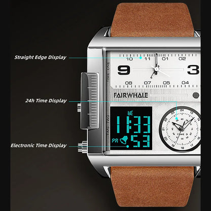 Mark Fairwhale Luxury Men’s Quartz Watch - Brown Leather Strap Military Waterproof Square Wristwatch