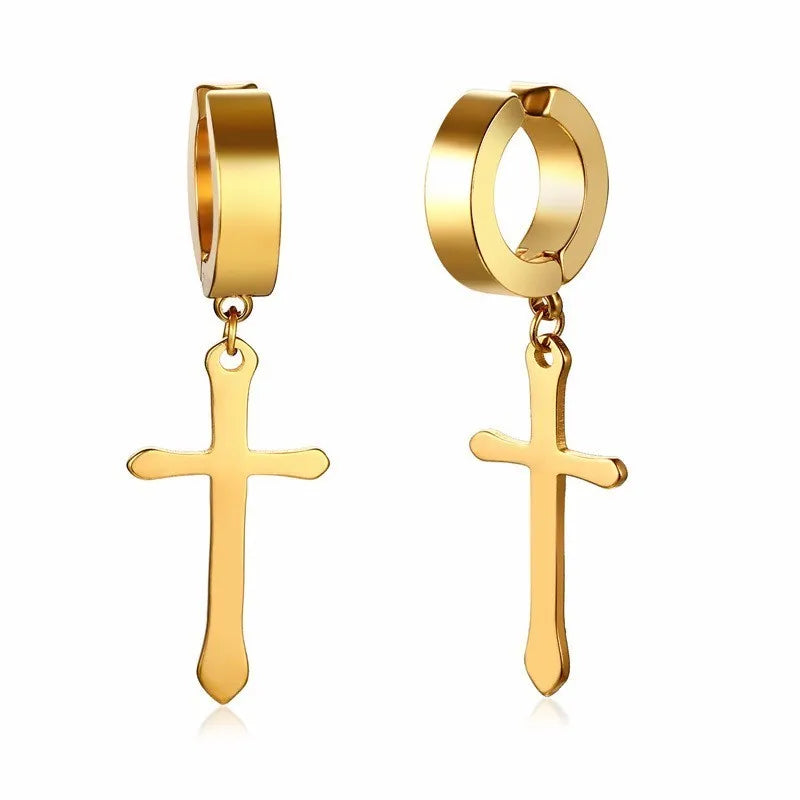 Stainless Steel Cross Charm Earrings - Men's Fashion Jewelry