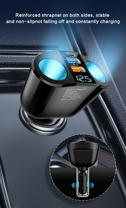 Dual-Port Car Charger Adapter – Digital Display, Simultaneous Charging for Multiple Devices