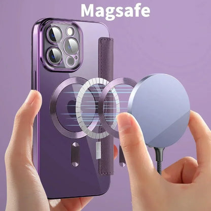 Electroplated Flip Leather Case for iPhone 16, 15, 14, 13, 12 & 11 Plus Pro Max – Luxury MagSafe Wireless Charging Protective Cover