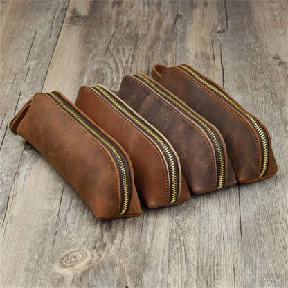 Vintage Leather Pencil Bag – Simple Zipper Pen Case & Stationery Holder Pouch for School Supplies, Glasses & Storage