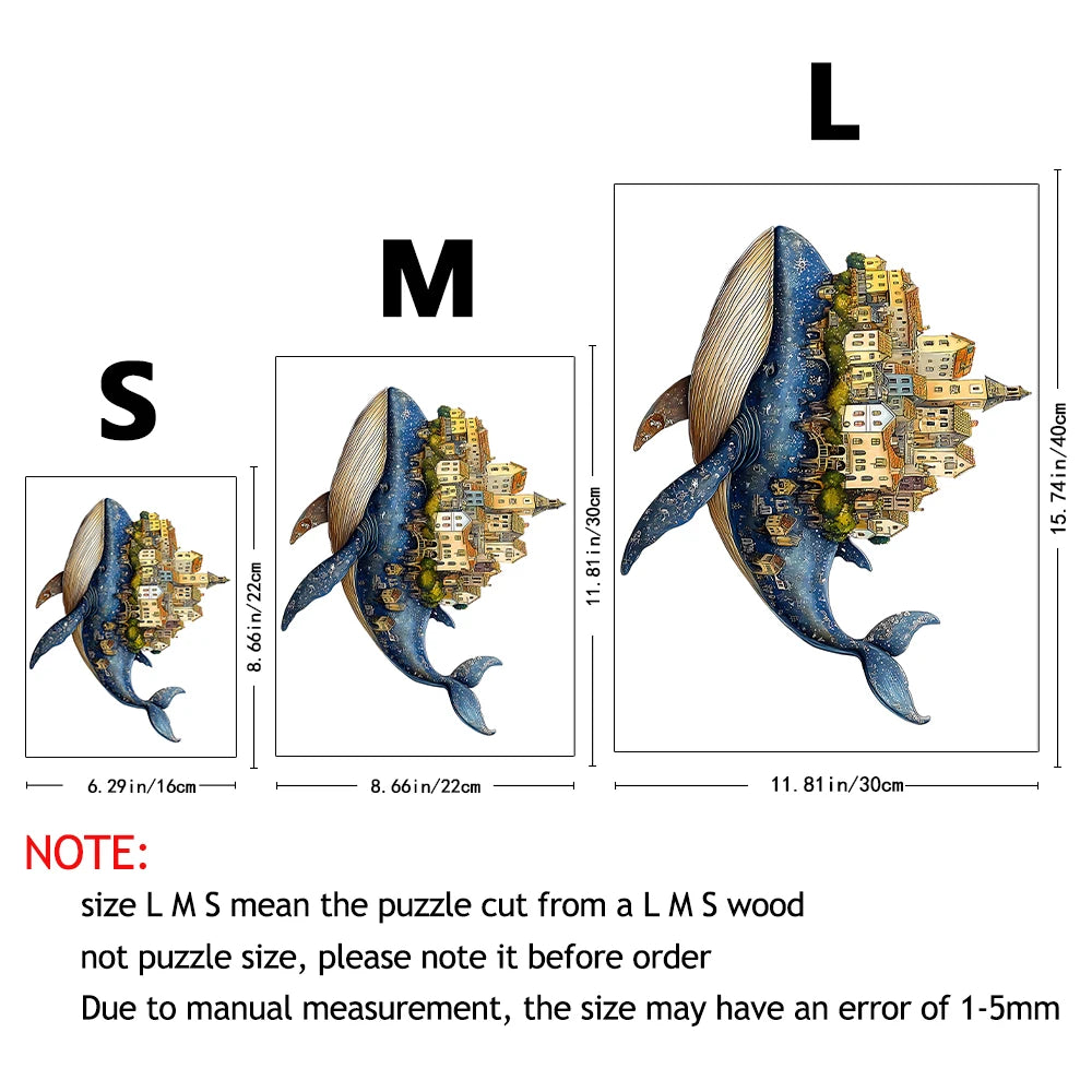 Artisan Whale Castle Wooden Puzzle – Handcrafted Animal Village & Marine Wall Art, Intermediate Family Game