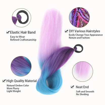 26" Synthetic Ponytail Extension - Long Straight Ombre Pink Purple Blue Hair with Elastic Tie
