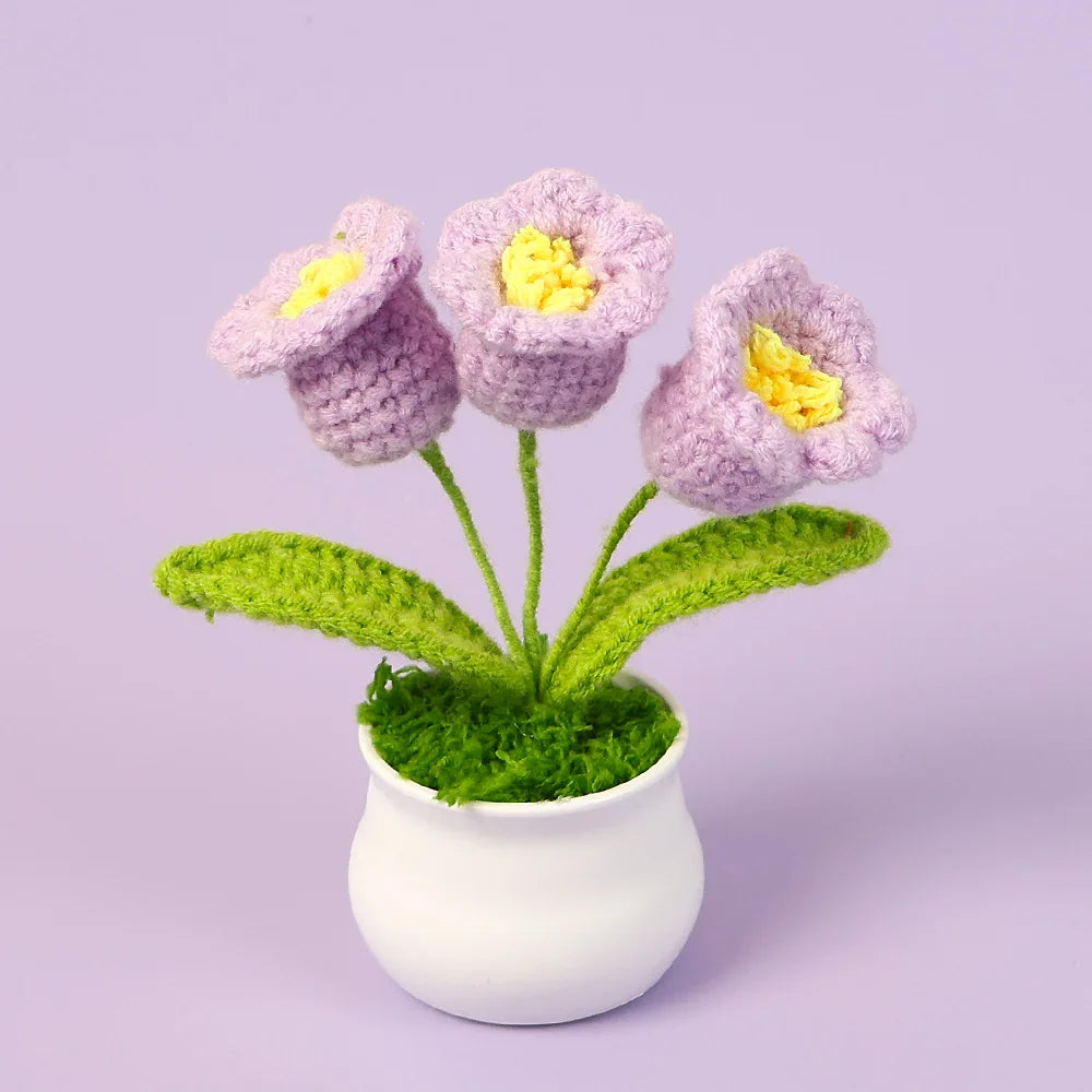 Handmade Crochet Bell Orchid in Pot – Knitted Artificial Flower with Light for Desktop & Easter 2025 Decor
